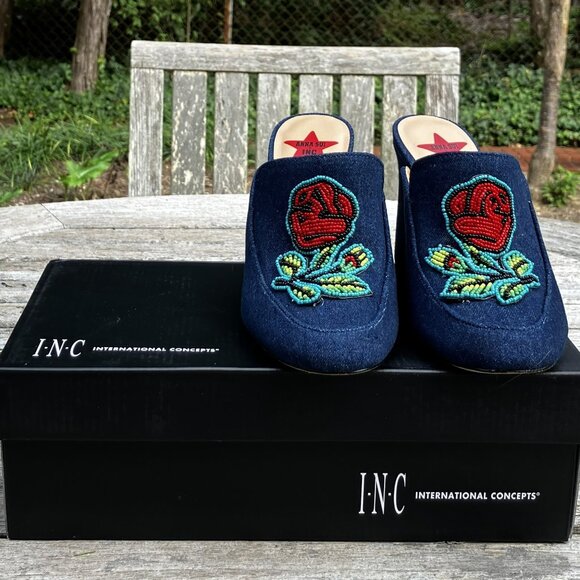 🌹Anna Sui x INC "Maddiee" Denim Rose Clogs Mules Heels - Size 7M - Picture 13 of 15